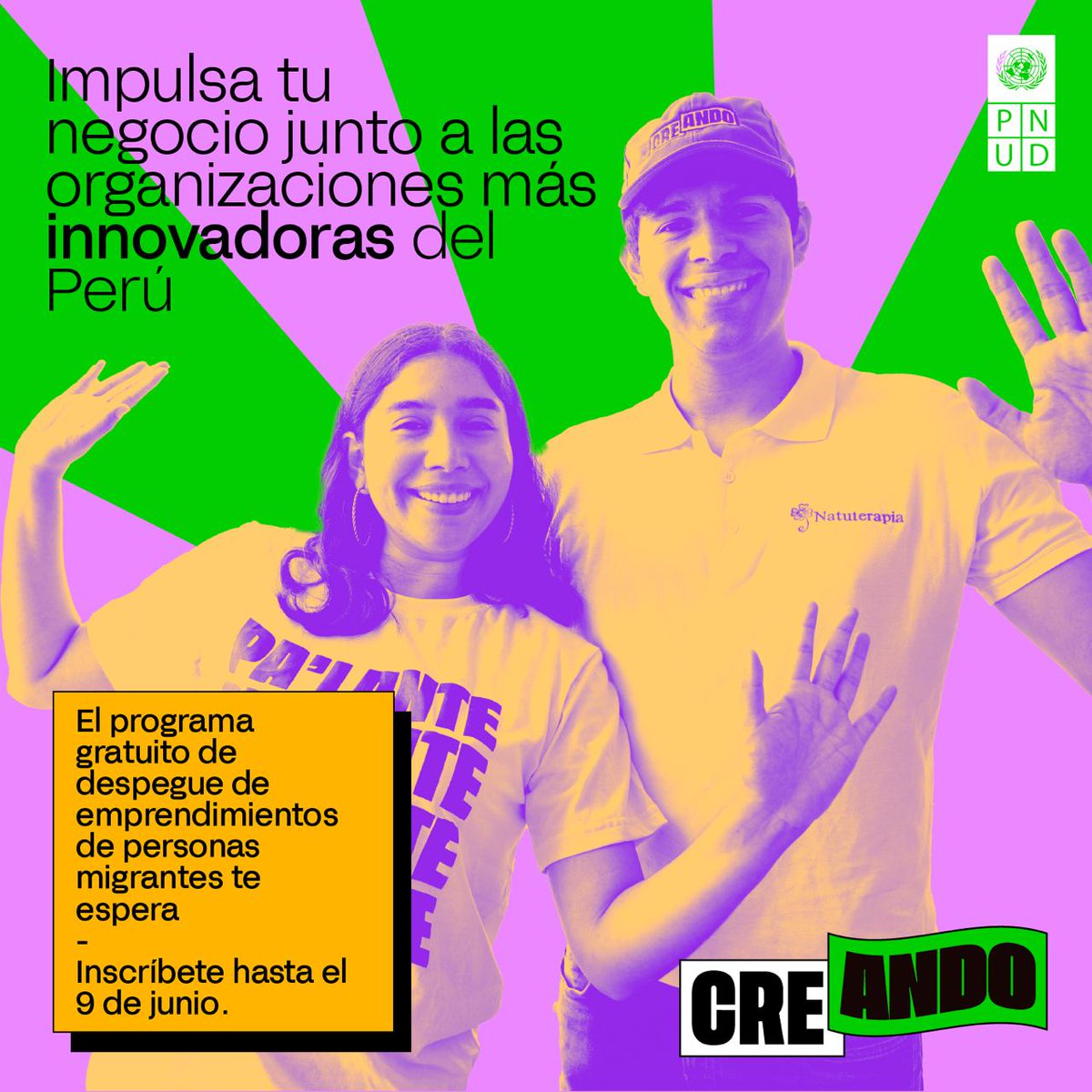 PNUDperu's tweet photo. #CREANDO conecta al #TalentoMigrante con instituciones de la cooperación internacional, empresas, gobiernos locales y organizaciones de base.
Si tienes un emprendimiento, inscríbete a esta nueva edición hasta este 9 de junio🚀 https://t.co/Za6AL7IUqC https://t.co/ZdB82RPBqI