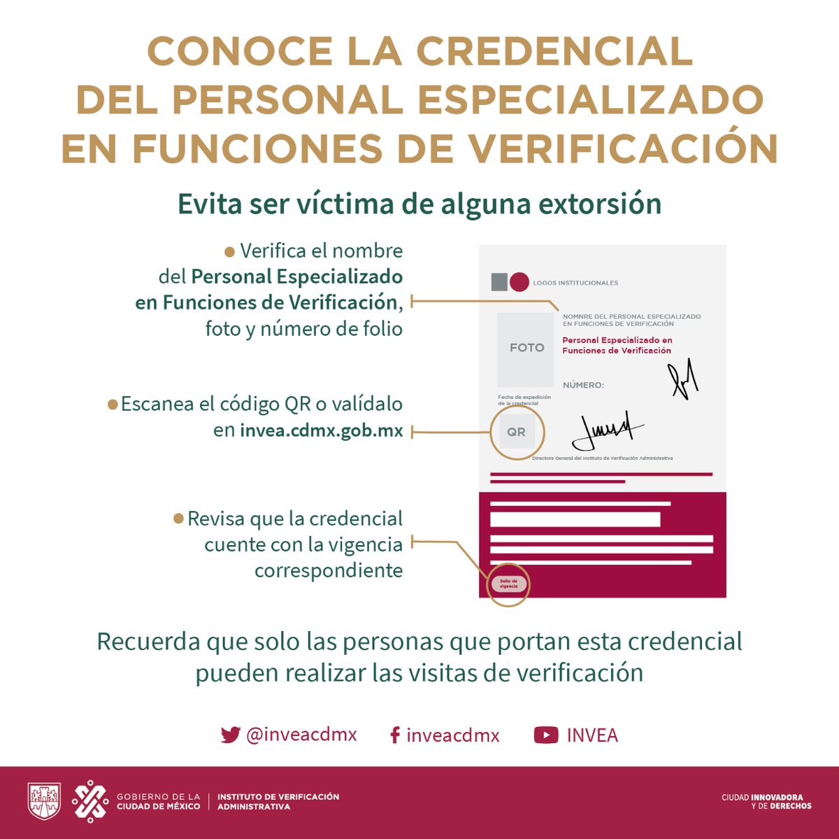 inveacdmx's tweet photo. 👉🏽Revisa los elementos de la credencial del personal especializado en funciones de verificación 
✅Corrobora que #SomosInvea escaneando el código QR en la credencial o ingresa a nuestra página web. https://t.co/egf1JiJU4o para comprobar su foto, nombre y número de folio. https://t.co/U6BiY9doMX