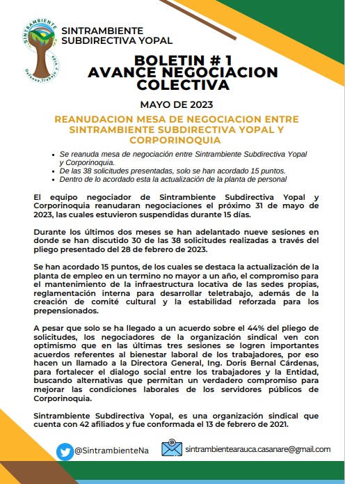 SintrambienteNa's tweet photo. 📢BOLETIN No 1
Se reanuda la mesa de negociación entre @Corporinoquia  y #Sintrambiente Subdirectiva Yopal.
👇👇 https://t.co/IGwEARMxkD