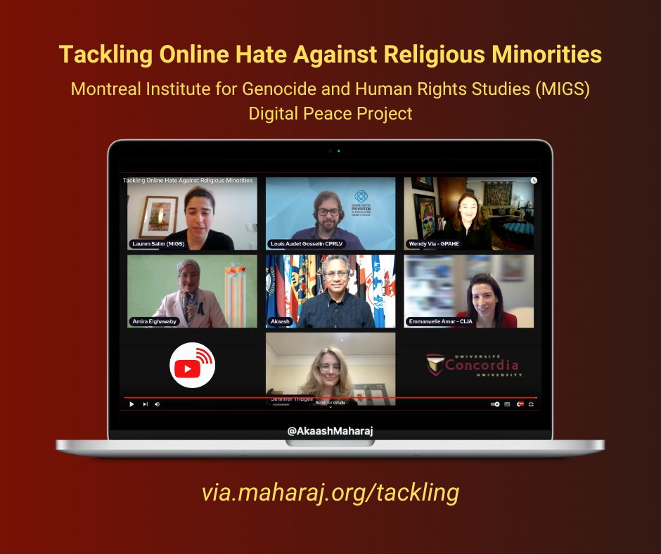 Akaash Maharaj (@akaashmaharaj) on Twitter photo I was delighted to be part of the <a href="/MIGSinstitute/">Montreal Institute for Global Security (MIGS)</a> discussion on Tackling Online Hate Against Religious Minorities:
Emmanuelle Amar
Louis Audet Gosselin
Amira Elghawaby
Jennifer Tridgell
Wendy Via
Lauren Salim organised; I moderated.
See the recording at via.maharaj.org/tackling I was delighted to be part of the <a href="/MIGSinstitute/">Montreal Institute for Global Security (MIGS)</a> discussion on Tackling Online Hate Against Religious Minorities:
Emmanuelle Amar
Louis Audet Gosselin
Amira Elghawaby
Jennifer Tridgell
Wendy Via
Lauren Salim organised; I moderated.
See the recording at via.maharaj.org/tackling