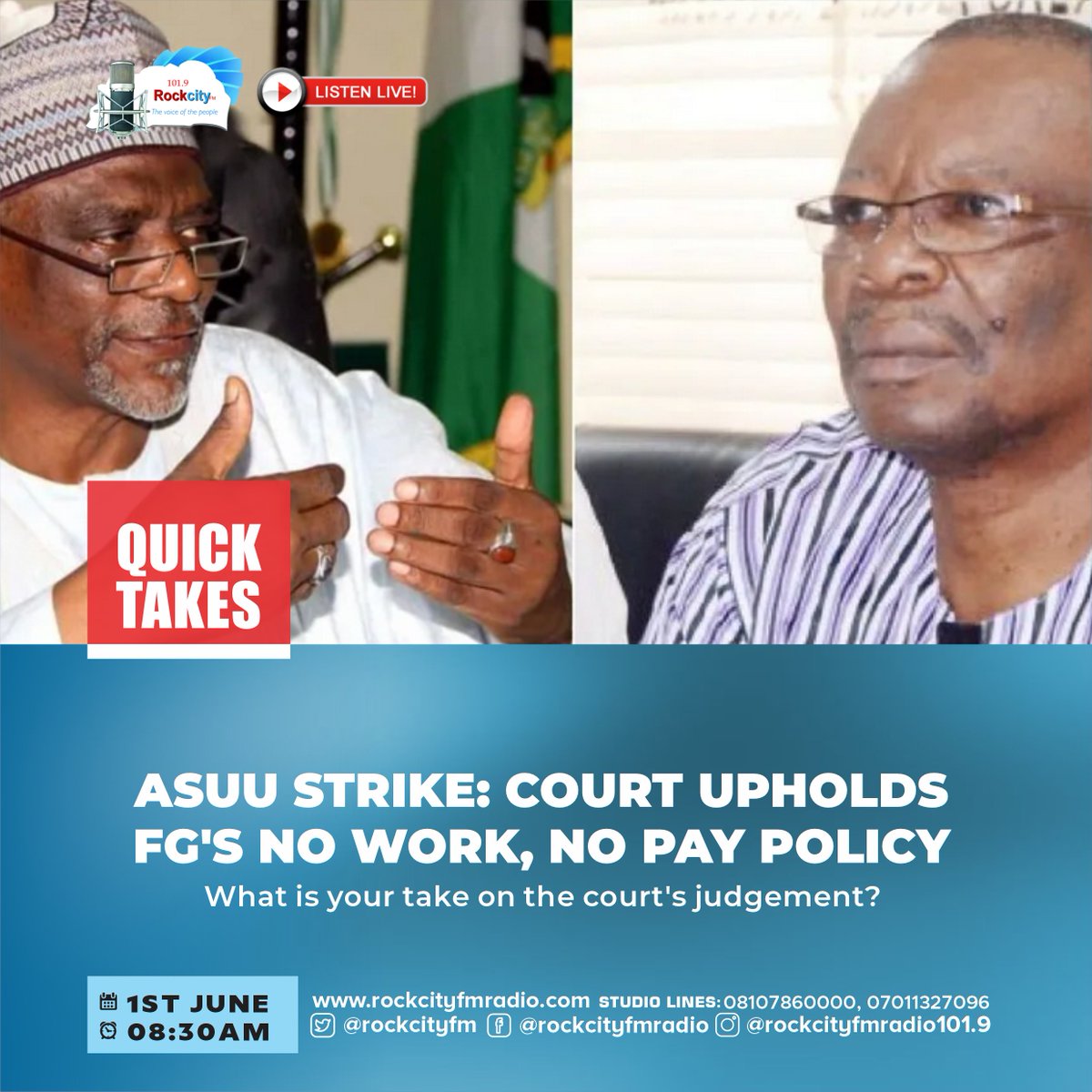 QUICK TAKES:
ASUU STRIKE: COURT UPHOLDS FG’S NO WORK, NO PAY POLICY

Read: instagram.com/p/Cs6d1lDIwyQ/

Q: WHAT IS YOUR TAKE ON THE COURT’S JUDGEMENT?

#nigeria #asuu #asuustrike #AsuuStrikeUpdate #FederalGovernment #Tinubu #MattersArising