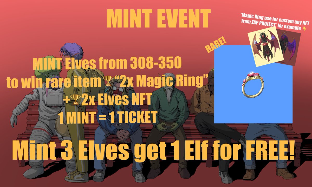 🚨Time For MINT EVENT!🚨
🏆To win : 2X Magic Ring (use for customize your any nft from ZAP PROJECT)🧬
+ 2 Elf Citizens NFT 

👉Enter : Mint Elf Citizens between 308-338(1 mint = 1 ticket) 
app.ebisusbay.com/drops/elf-citi…
Mint 3 Elves get 1 Elf for free! (24 hours)

100 CRO❤️🔁, tag 3 fr