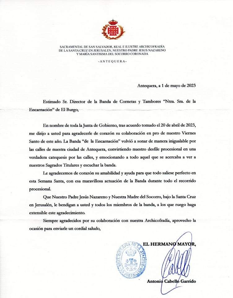 BctEncarnacion's tweet photo. 📬 CORRESPONDENCIA

Hemos recibido esta carta de agradecimiento por parte de la @CofradiaSocorro

Para todos nuestros músicos fue un placer formar parte del cortejo del Viernes Santo

Este detalle hace que nuestros músicos sientan reconocimiento para seguir trabajando!! https://t.co/foEcXoJKW6