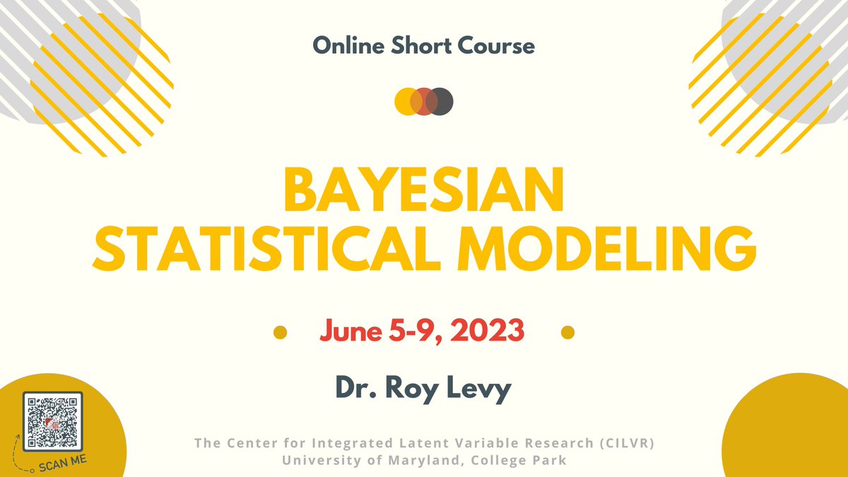 Bayesian Statistical Modeling, a 3-day online First Course followed by a 2-day online Second Course. 
With Roy Levy (<a href="/RoyLevy11/">Roy Levy</a>)
June 5-7; June 8-9
No “prior” Bayesian experience needed. 😉). 
umd-cilvr.catalog.instructure.com/programs/bayes…