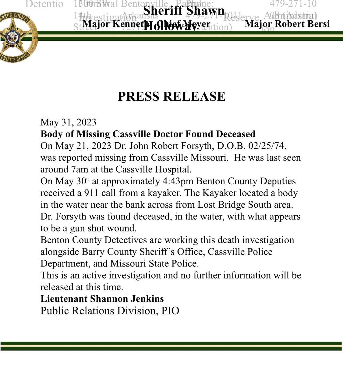 baileystrohlTV's tweet photo. NEW: A kayaker found the body of Dr. John Forsyth on Tuesday afternoon, according to the Benton County Arkansas Sheriff’s Office. It appears he died from a gunshot wound. 

KOLR 10 &amp; Ozarks Fox will have more information tonight at 5 &amp; 6. https://t.co/iGLm2uxV1L