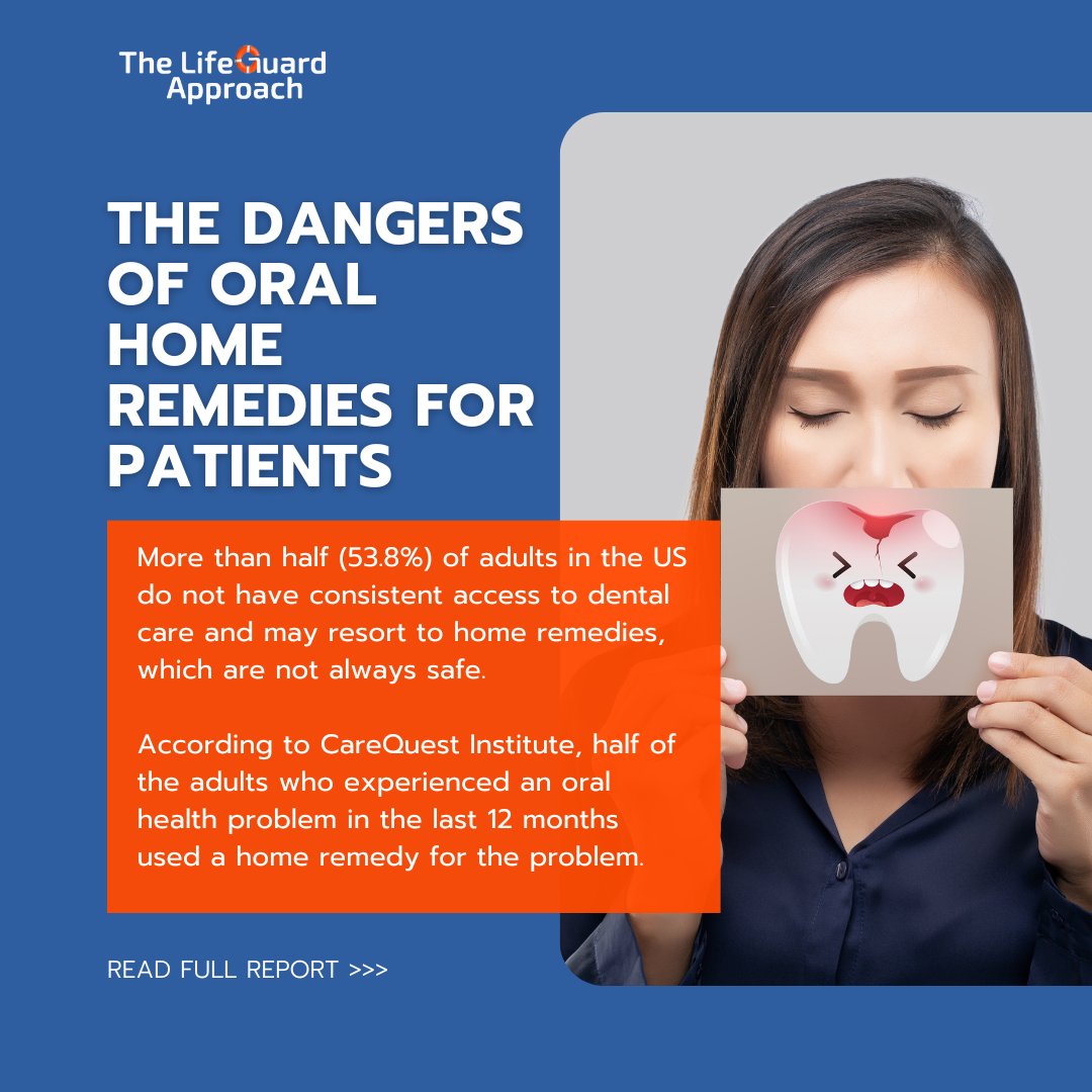 Discover the dangers of oral home remedies for your patients in this report from CareQuest. bit.ly/43wB0EI

#thelifeguardapproach #carequest #homeremedies #oralhealth #patientcare #dentalpractice #hygienist #hygienisteducation #dentalcoaching #research #wednesdaywisdom