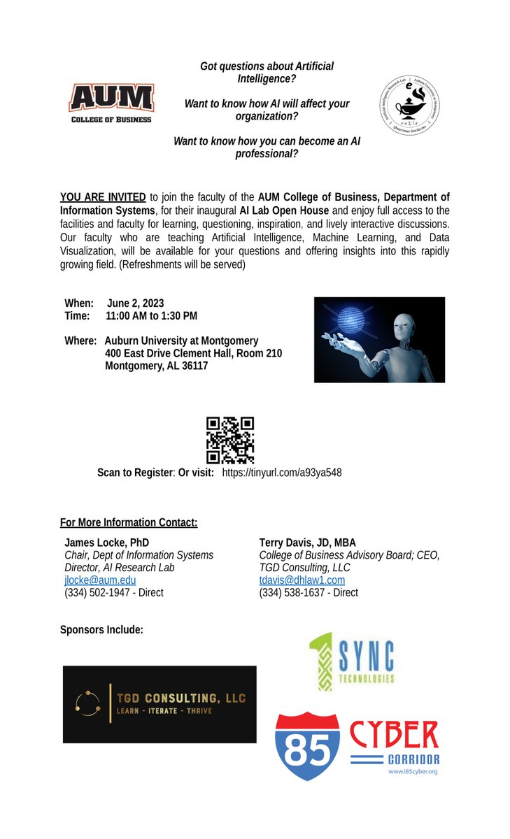 I85Cyber's tweet photo. SOLD OUT!! - @I85Cyber stewards #DrJamesLocke, #TerryDavisMBA, &amp; the entire @aumontgomery  #AIResearchLab team's upcoming Open House filled to capacity with registrants. 10+ years of #techcommunity building research confirms that #DataScience &amp; #DataEngineering  is the @I85Cyber. https://t.co/MmQxgezJpr