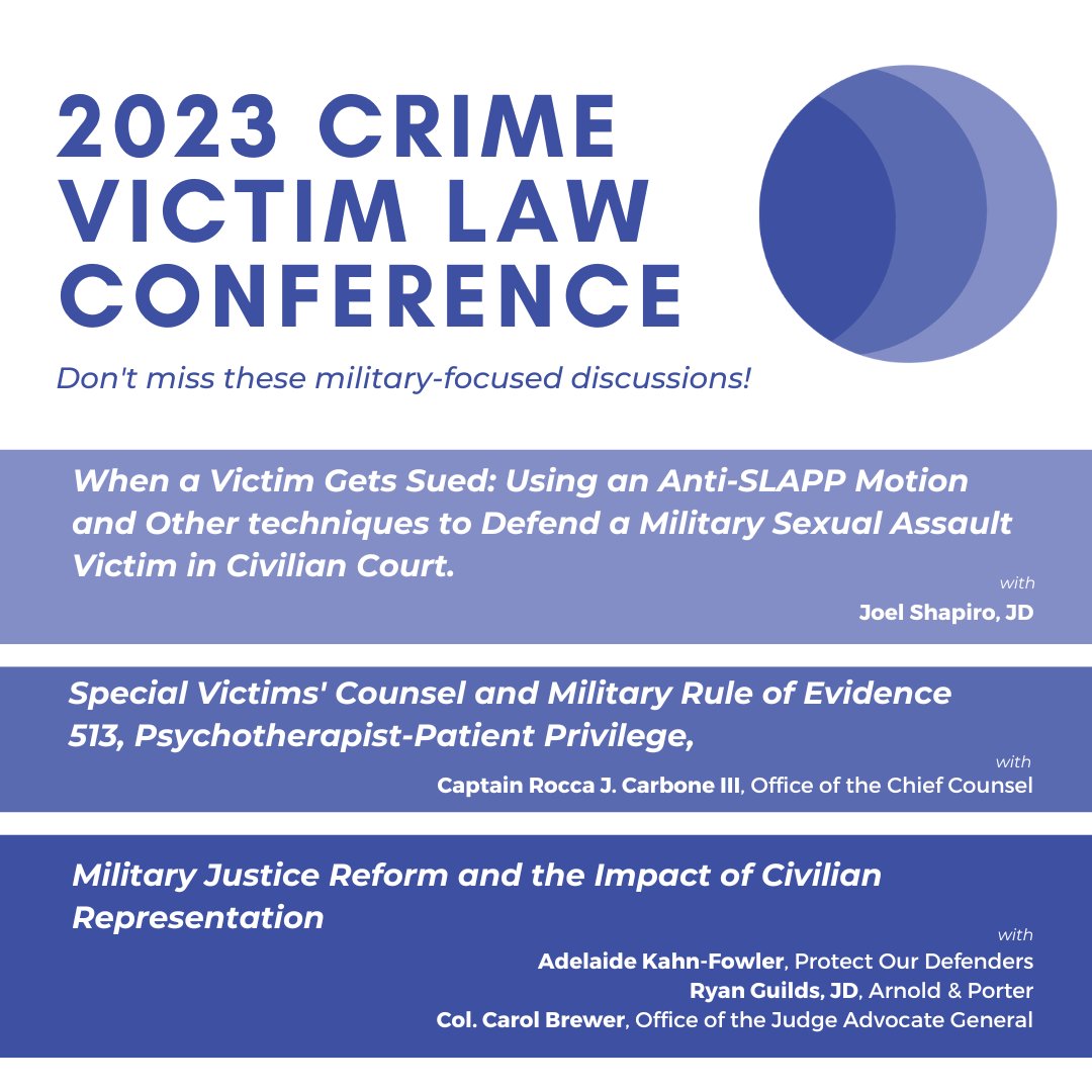 NCVLI's tweet image. The 2023 Crime Victim Law Conference is packed with discussions on the representation of military-connected victims and the enforcement of their rights. It’s not too late to register and join these discussions virtually! #CrimeVictimLawConference2023 whova.com/portal/registr…