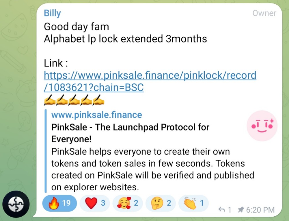 @alphabetchain LP lock is extended by 3 months!

It is good move for the team!

#ALT #ALS #alphabetnetwork #alphaswap

@Animator011 @AltCryptoGems @yonlife_ @Cryptomeister11 @CoinMarketCap