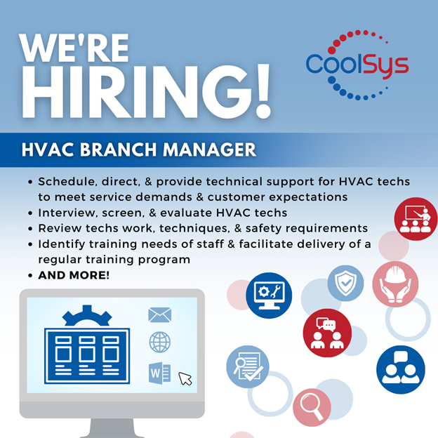 CoolSys_'s tweet photo. Advance your #career at CoolSys! We're looking for an #HVAC #BranchManager to #joinourteam. You'll work directly with our HVAC #techs to ensure customer satisfaction, identify training opportunities, &amp; more. #Applytoday: https://t.co/lRADX4CTfF  
#hiring #careers #hvaclife https://t.co/YNZwLkaB6P