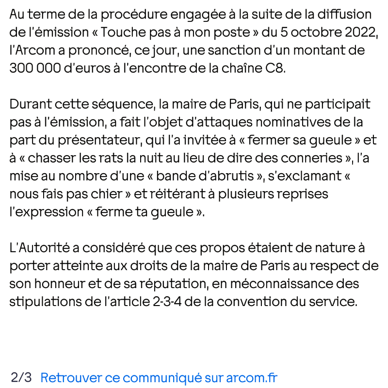 Arcom_fr's tweet photo. 📣 Décision de l’Arcom relative à l’émission « Touche pas à mon poste » du 5 octobre 2022 🔽