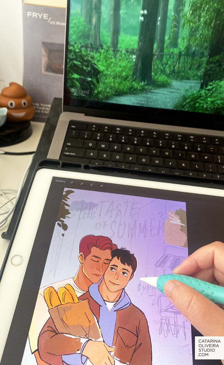 @inkyelbows @SimonKIDS Right now I'm working on a YA book cover for #pridemonth, and on my screen, there is a background noise video: 'Rain in the forest'. 
#KidLitPeek #kidlit #Kidlitart #YAbooks