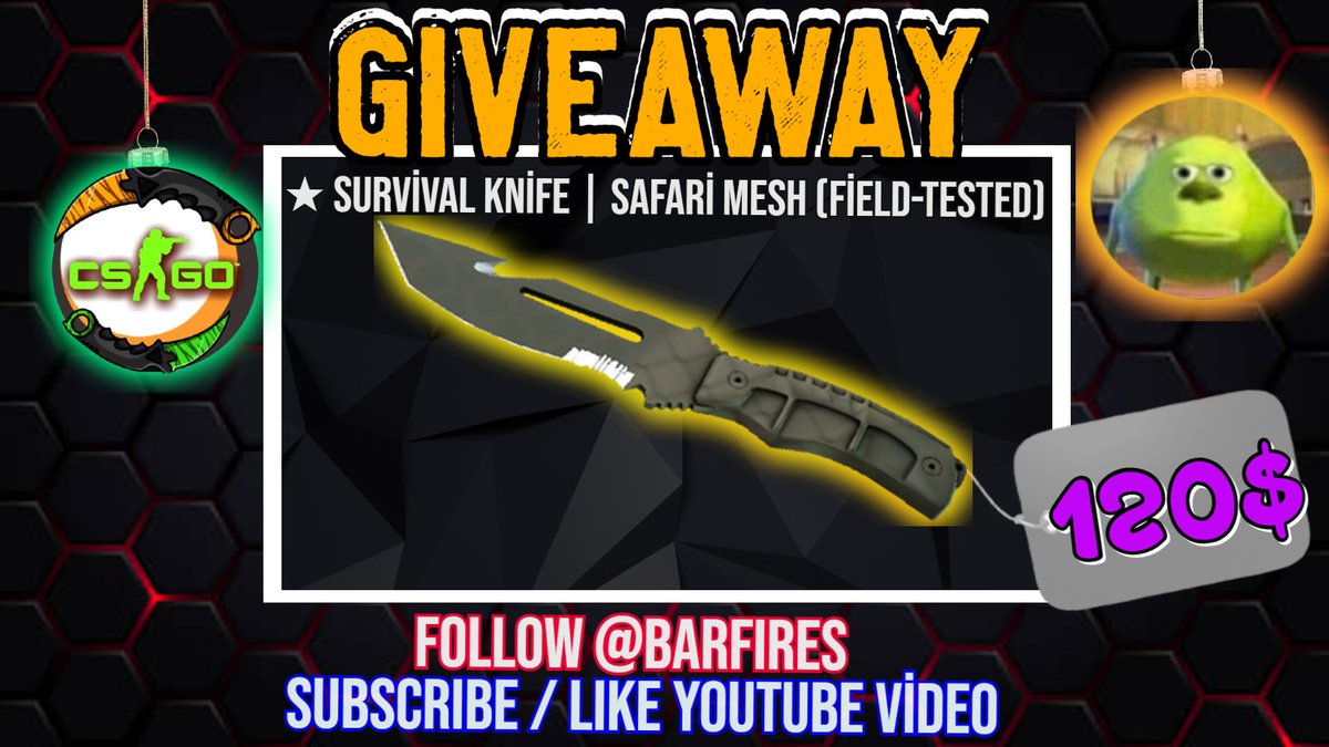 🎁★ Survival Knife | Safari Mesh (120$)

📢To enter Giveaway :

✅Follow @barfires
✅Retweet+Tag Friend
✅Subscribe/Like Video youtube.com/watch?v=y-Ng6U… (Show Proof)

⏰End in 6 day

#CSGOGiveaway #csgogiveaways #csgoskins #csgoknife #csgo #csgo2 #GiveawayContest #Giveaway #gaming