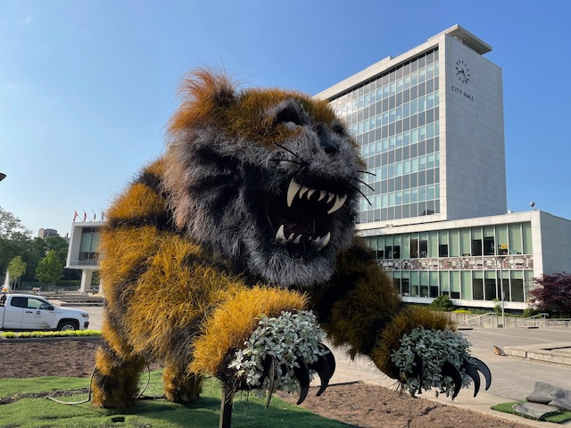 cityofhamilton's tweet photo. We’re excited to share this year’s floral feature for the City Hall forecourt- Stripes! This 10 ft sculpture, which is made up of over 2000 individual plants, will hang out in front of City Hall all summer. Thank you to our horticulture team for bringing this vision to life! https://t.co/MwfY6pRU0y