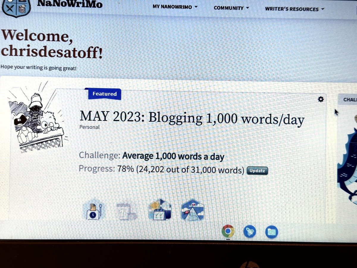 ChrisDesatoff's tweet photo. Not gonna hit my writing goal for May. But I can still hit 25k…that’s still +25% over last month.
I’ll take it🤓
#nanowrimo #blogging #giterdun https://t.co/vAvQ8rp586