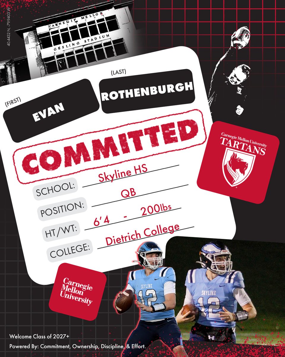 Carnegie Mellon Football (@tartanfb) on Twitter photo ❕❗️🚨#TartanRi23🚨❗️❕
.
.
👤: Evan Rothenberg
📲: <a href="/EvanRothenberg/">Evan Rothenberg</a>
📚: <a href="/CMU_DietrichHSS/">Carnegie Mellon University Dietrich College</a>
🏈: QB
🏋️♂️: 6'4, 200lbs
🎥: tinyurl.com/erothenberg2023
🏠: <a href="/SkyHighFootball/">Skyline Football</a>
📍: Ann Arbor, MI
.
.
#CODE | #BYB | #RDT ❕❗️🚨#TartanRi23🚨❗️❕
.
.
👤: Evan Rothenberg
📲: <a href="/EvanRothenberg/">Evan Rothenberg</a>
📚: <a href="/CMU_DietrichHSS/">Carnegie Mellon University Dietrich College</a>
🏈: QB
🏋️♂️: 6'4, 200lbs
🎥: tinyurl.com/erothenberg2023
🏠: <a href="/SkyHighFootball/">Skyline Football</a>
📍: Ann Arbor, MI
.
.
#CODE | #BYB | #RDT