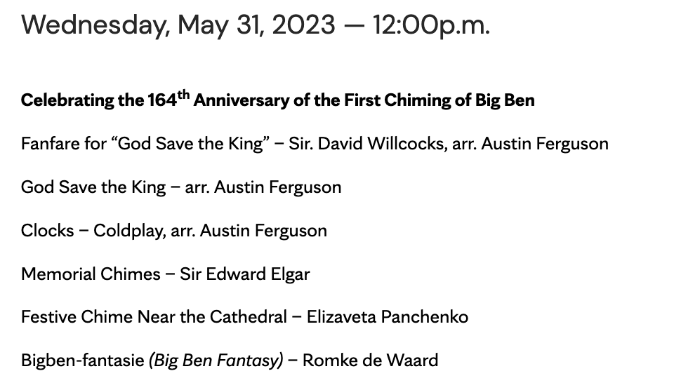mayocarillon's tweet photo. Coming up today at 12:00--a musical tribute to the most famous bell in the world, Big Ben! The bell, cast by Whitechapel foundry, is famous for its crack and distinctive sound... We can't replicate that here, but the "Big Ben Fantasy" is still a fun piece nonetheless. 😉🔔 https://t.co/j2hlh6yQc8