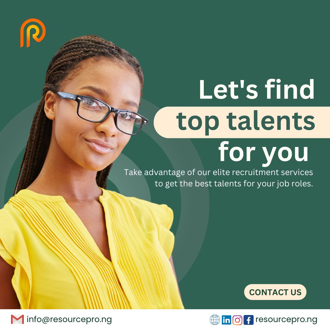 An organization is just as strong as its people.

Partner with our recruitment team to find quality talents within the job market.

Reach us at info@resourcepro.ng or send us a DM.

#recruitmentservices #hrconsulting #talentacquisition