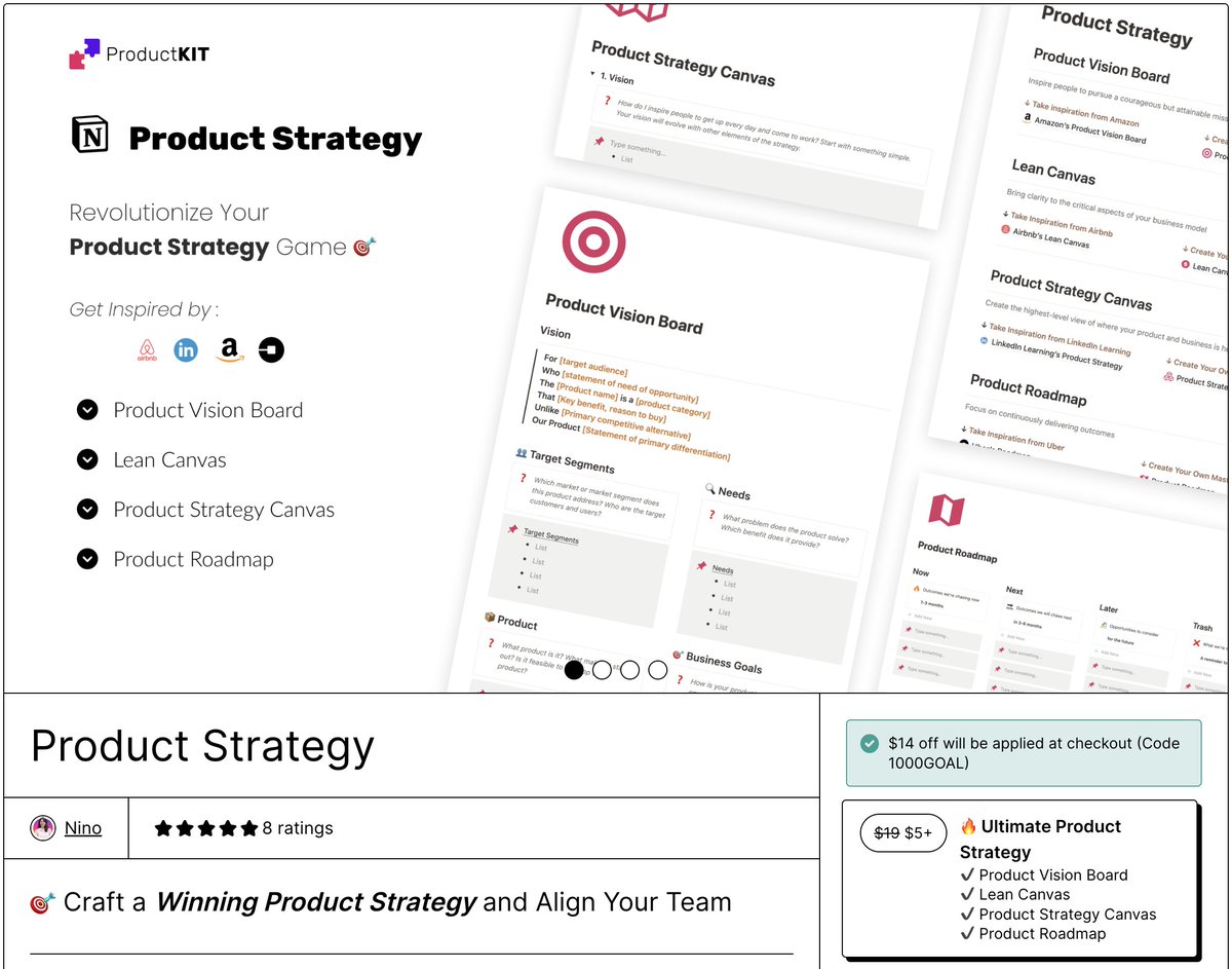 💰My goal is to hit $1000 today on @gumroad!
💥 Only $5 for the $19 Product Strategy Notion Template! 
👉Comment 'Strategy' to get the discount code NOW!  #ProductStrategy