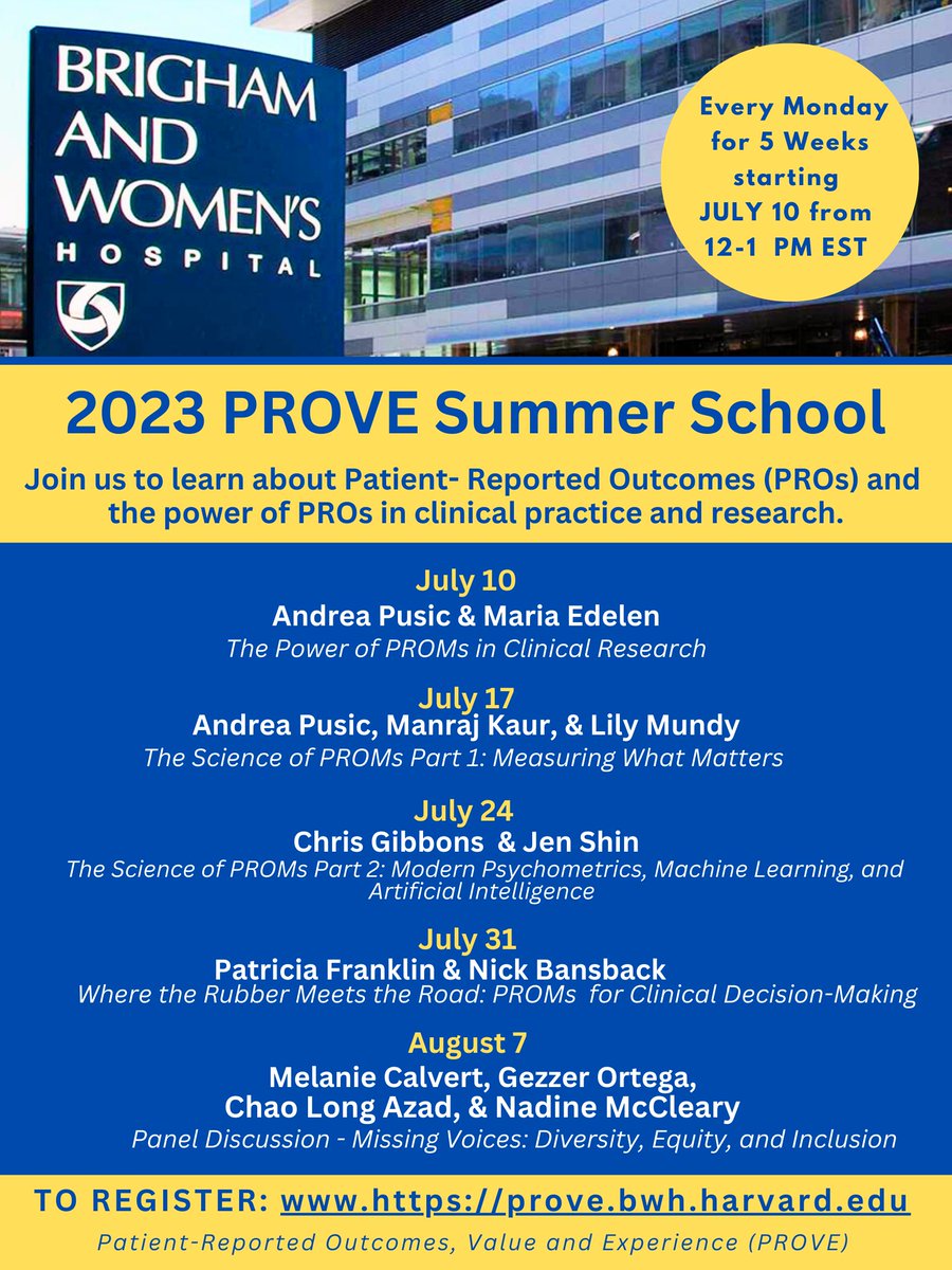 Would you👀 at this lineup of speakers at the #PROVE @BrighamSurgery #SUMMERSCHOOL23?!? 

A must-attend event this summer if you are interested in #patientreportedoutcomes!

Registration open now 🏃
partners.zoom.us/meeting/regist…