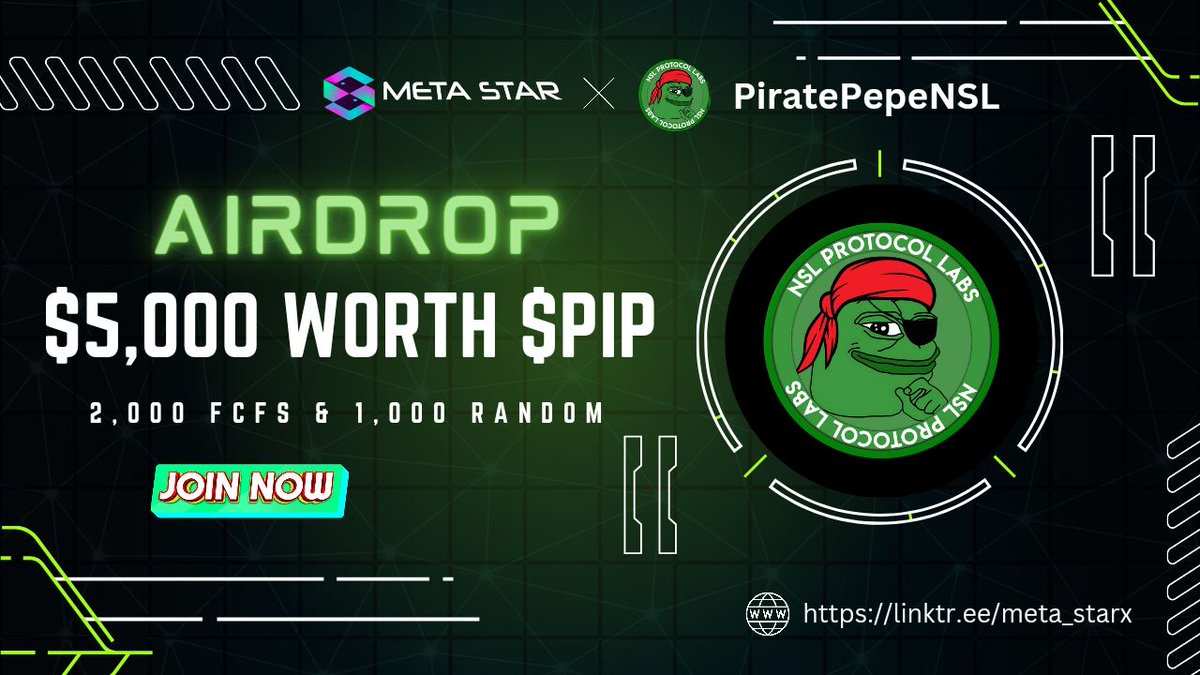 META_STARx's tweet photo. 📣📣 PiratePepeNSL x META STAR #fcfs #Airdrop 🔥🔥

🏆 Reward --  $5,000 Worth of $PIP PRICE POOL 😍😍

✅ Follow @META_STARx
✅ Like, RT &amp; Tag 3 Friends
➡️ Finish Gleam : https://t.co/3BeNJ7RYek

⏰ End 10th June

#Giveaway #Airdrop #FCFS #NFTGiveaway #Crypto #BSC #Arbitrum #BNB https://t.co/sYvzDHs5qk