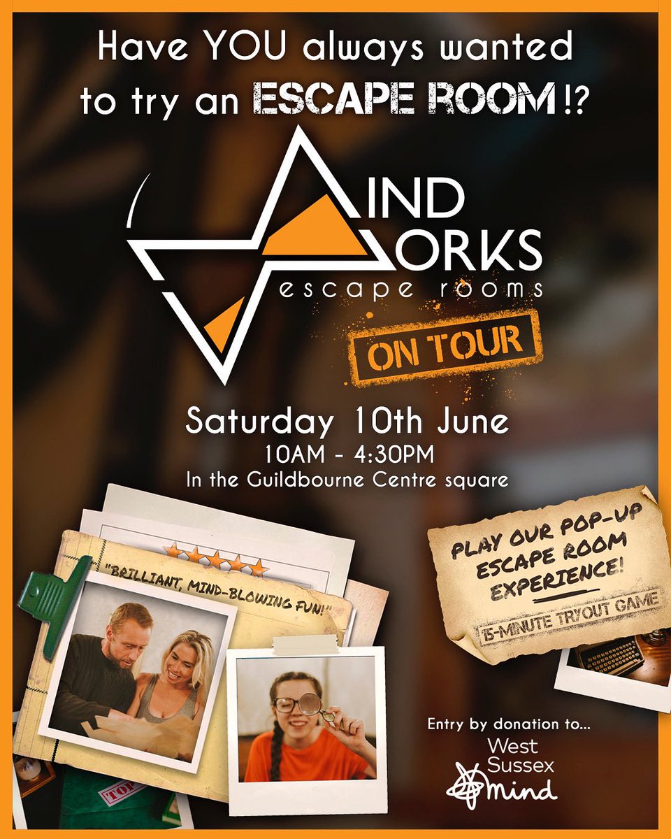 COME ON DOWN 📣 and play our NEW, totally original pop-up escape room experience!!!… 10/06/23 #MindworksOnTour ⏳⛺️🔑🔎👀

You have 15 minutes… hunt for clues, decipher the puzzles and unlock your prize!! 💫

Entry is by donation to @westsussexmind 💙

mindworks-escaperooms.co.uk/mindworksontour