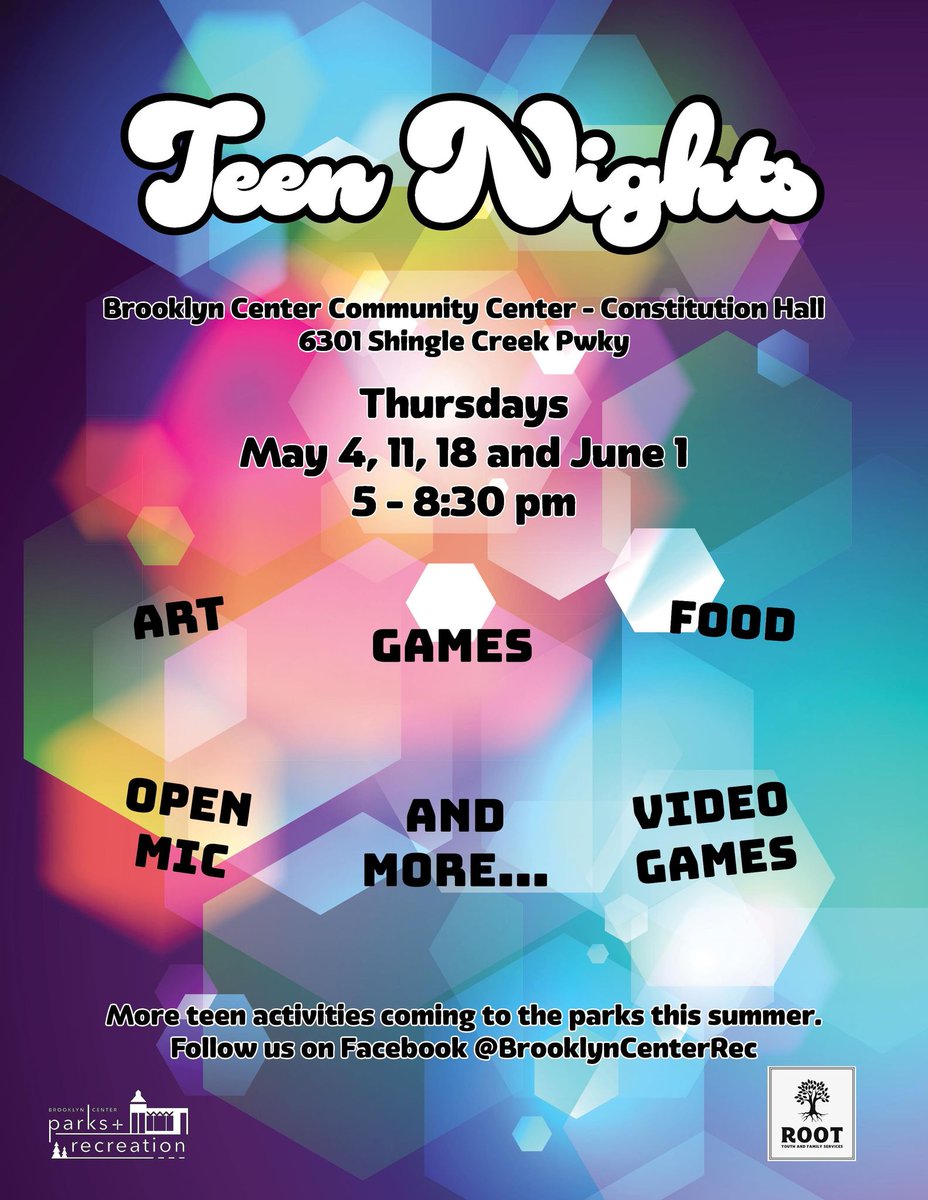 BrklynCenterMN's tweet photo. Teen Nights
Brooklyn Center Community Center - Constitution Hall
6301 Shingle Creek Pkwy
Thurs - June 1
5 - 8:30 pm
Art, Games, Food, Open Mic, Video Games, and More...

Follow us on Facebook @BrookylnCenterRec 

#art #brooklyncenter #community #bcrecreation https://t.co/Y0uUUZxti6