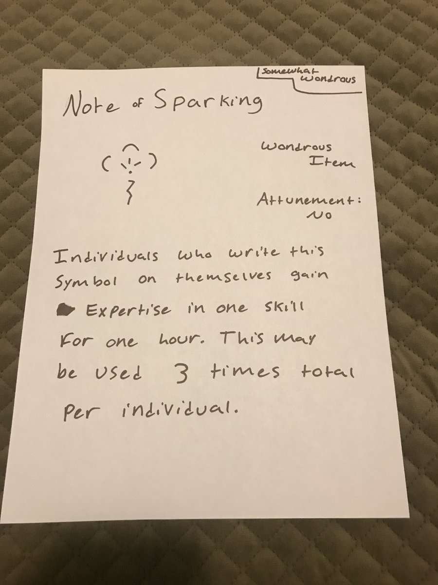 Note of Sparking: Wondrous Item

#dnd #dnd5e #dndhomebrew #dndhomebrew5e #dndart #dungeonsanddragons #dungeonsanddragons5e #dungeonsanddragonshomebrew #dungeonsanddragonsart #diy #art #fyp #foryou