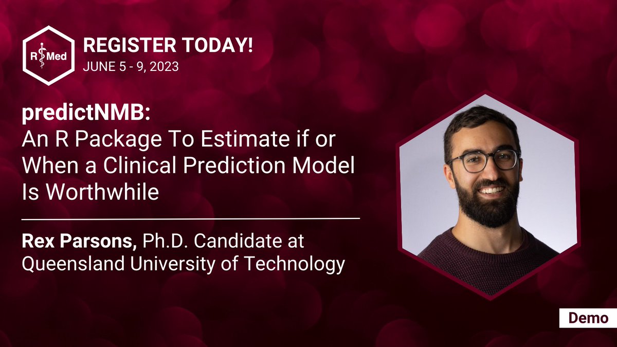 Only 5 days away! <a href="/RexParsons8/">Rex Parsons</a>, Ph.D. Candidate at <a href="/AusHSI/">AusHSI</a>, will be leading a demo at #RMed2023 on “predictNMB: An R Package To Estimate if or When a Clinical Prediction Model Is Worthwhile.” Register today #Rstats ➡️ events.linuxfoundation.org/r-medicine/