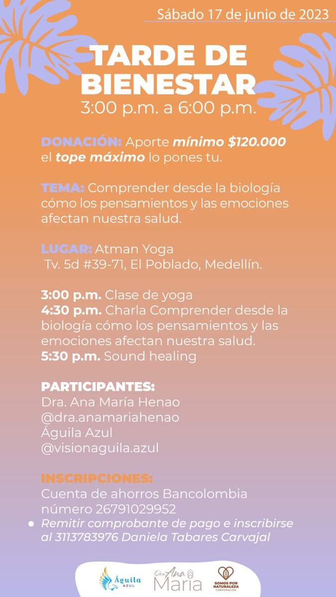 DanielaTabaresC's tweet photo. El sábado 17 de junio experimentaremos una tarde en la que priorizaremos quienes somos y cómo nos sentimos.

Participando aportas para que continuemos trabajando en la educación y  promoción de la salud en Manrique - La Honda a través de la Corporación Somos Por Naturaleza. https://t.co/lNondViwJd
