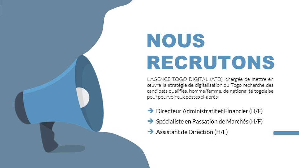 NumeriqueTG's tweet photo. 🚨 #JobAlert

L’Agence Togo Digital recrute :
- 1 Directeur Administratif et Financier (H/F)
- 1 Spécialiste en passation de marchés (H/F)
- 1 Assistant de direction (H/F)

⚠️ La date limite de dépôt de dossiers est fixée au 15 juin 2023.

Consultez l’avis complet ici ⤵️
https://t.co/dDnkyNpBhB