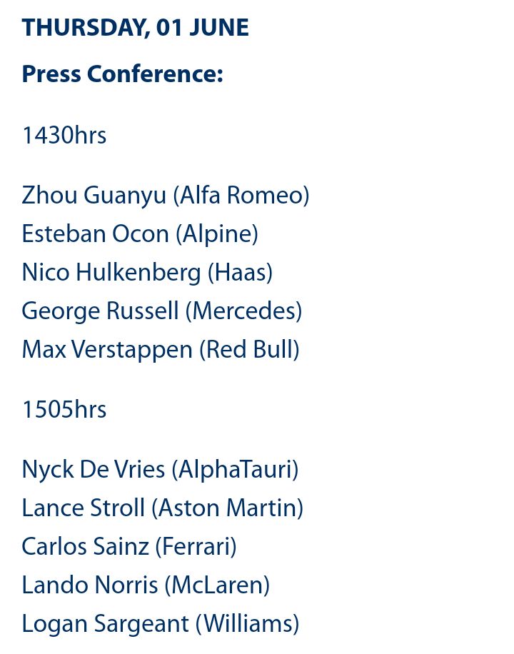 🇪🇸 Here's the press conference schedule for the #SpanishGP! Carlos will be in the second group with Nyck, Lance, Lando, and Logan and will be interviewed at 15:05 local time.

#CarlosSainz | #ScuderiaFerrari | #F1