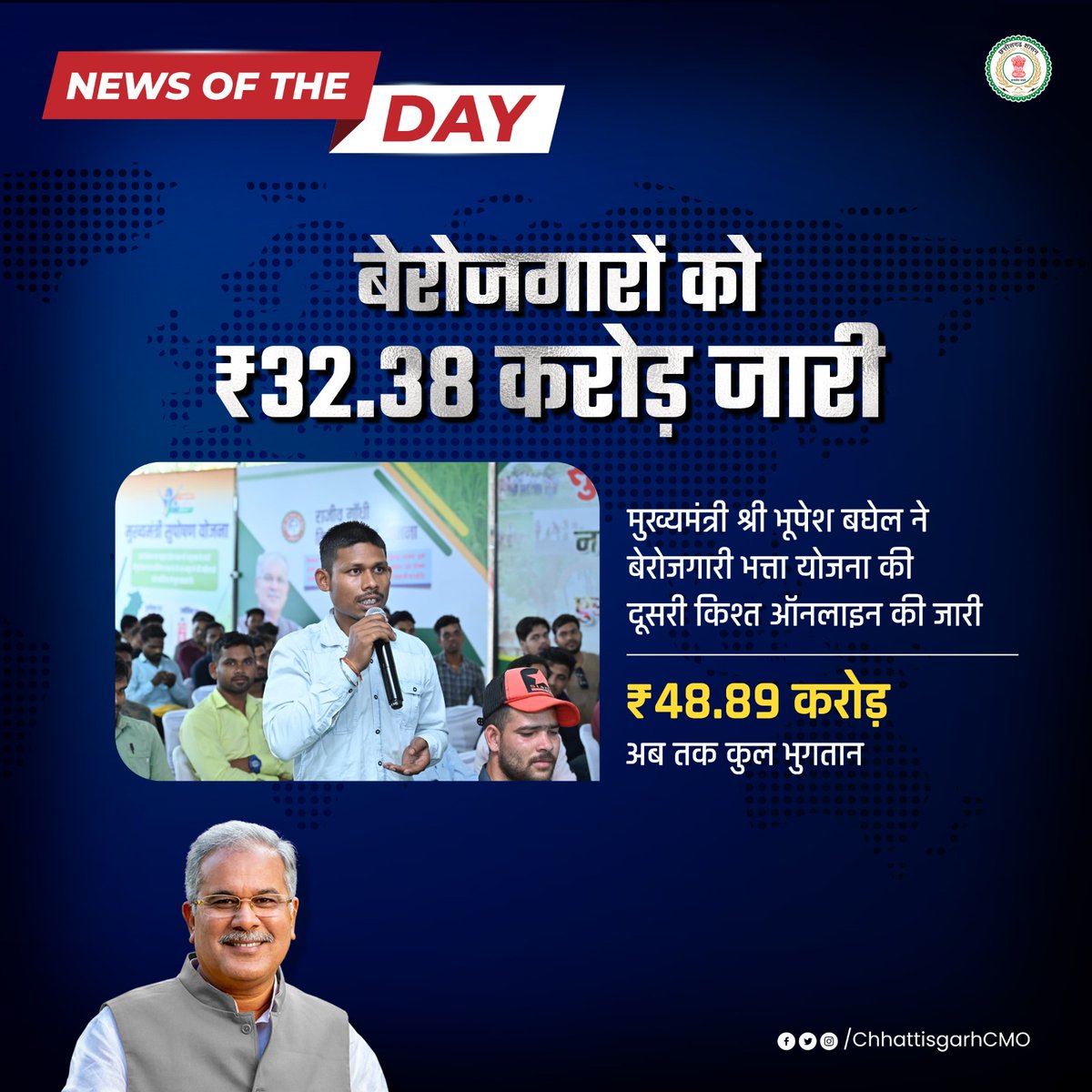 #NewsOfTheDay
बेरोजगारों को ₹32.38 करोड़ जारी

#positivenews #Chhattisgarh
#CGModel
#छत्तीसगढ़_सरकार_भरोसे_की_सरकार
@bhupeshbaghel