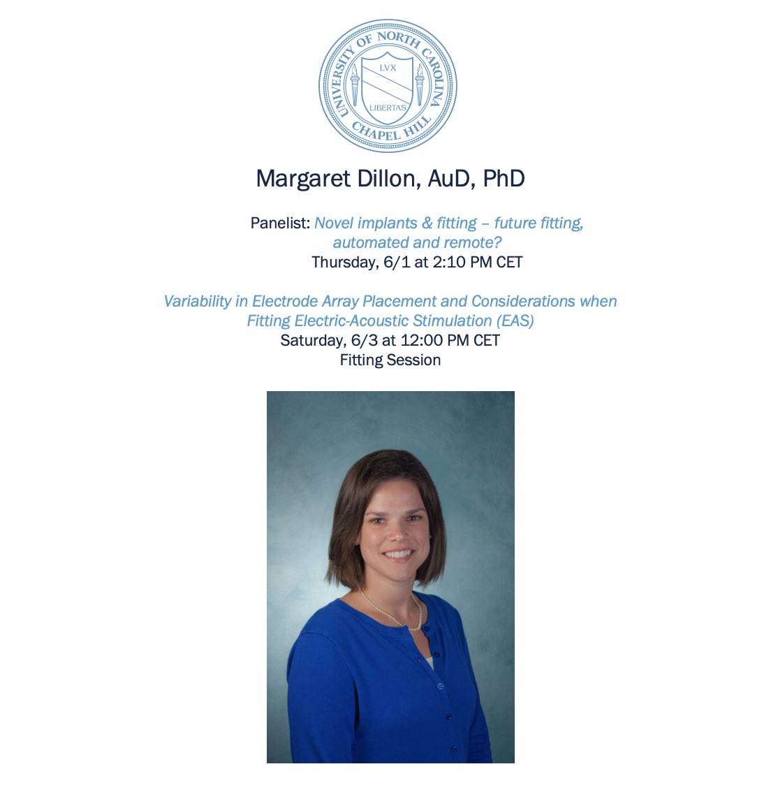 Dr. Dillon will discuss topics related to the future of CI fitting & share our team’s data on the effects of electric mismatches on the outcomes for children & adult EAS users this week @espci2023!🦻🏾@UNCPedsCIs @UNC_AdultCIs #ESPCI2023 #CochlearImplant #HearingResearch