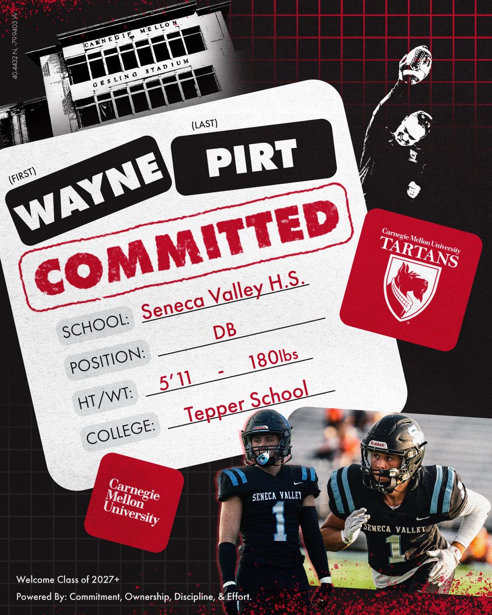 TartanFB's tweet photo. ❕❗️🚨#TartanRi23🚨❗️❕
.
.
👤: Wayne Pirt
📲: @Pirt_wayne19
📚: @teppercmu
🏈: DB
🏋️‍♂️: 5'11, 180lbs
🎥: https://t.co/bptciiazhV
🏠: @SV_Sports
📍: Cranberry Township, PA
.
.
#CODE | #BYB | #RDT https://t.co/tuKWF3AaCF
