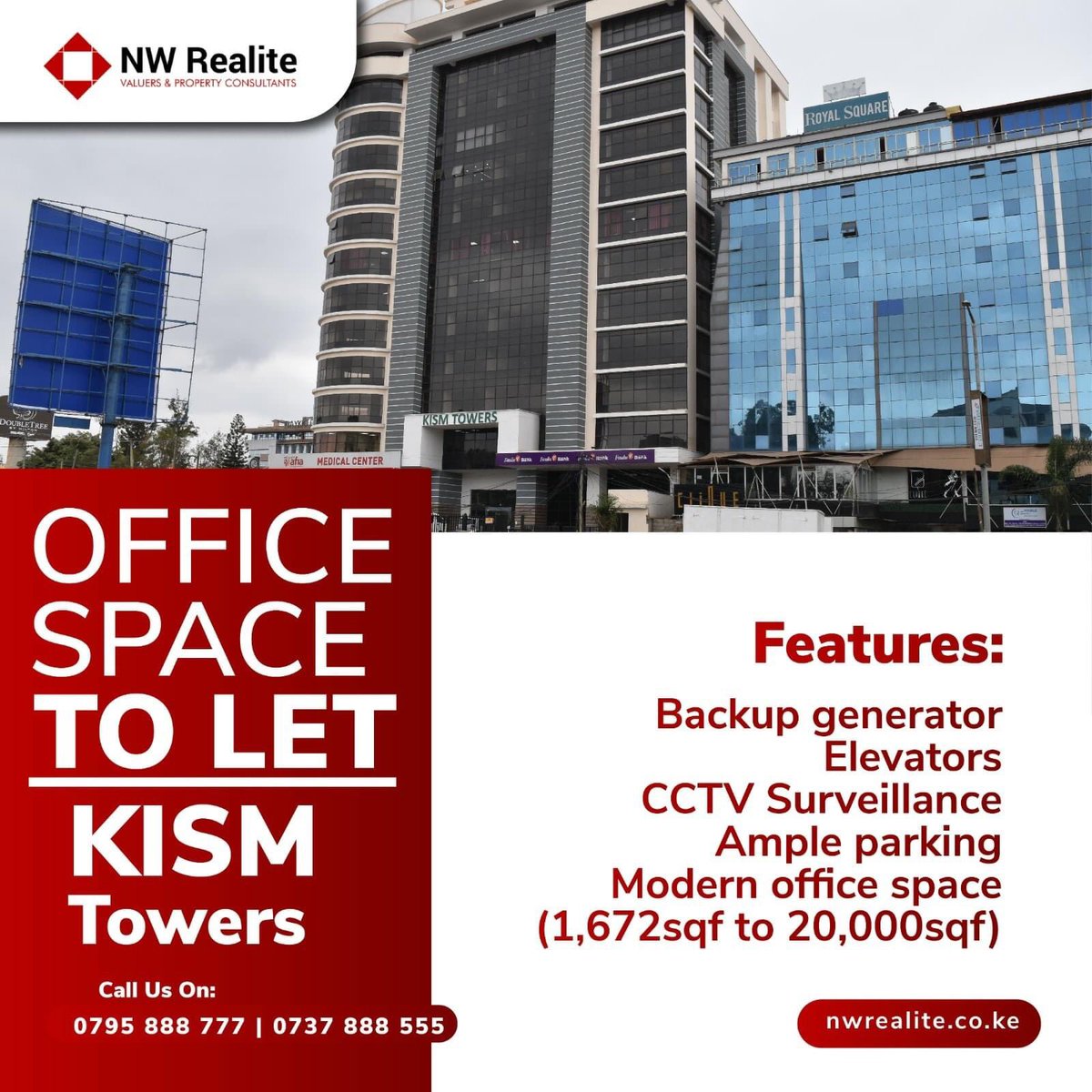 Our thoughtfully designed office spaces are perfect for government offices, corporates or NGOs. It's an ideal location with excellent connectivity, ample natural light &amp; expansive views, offering the perfect atmosphere to help you flourish.
Contact us!
0737 888 555| 0795888777