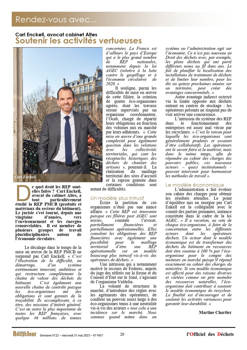 carlenckell's tweet photo. Interview dans dernier numéro https://t.co/xRbMTl0jHj  
A l'occasion de l'entrée en vigueur de l'importante #REP du #bâtiment (#PMCB), @ChartierMart m'a demandé de quel droit sont faites les REP ?
A retrouver dans @profrecycleur du 31 mai 2023.
#economiecirculaire #recyclage https://t.co/AuLpNHvDMU