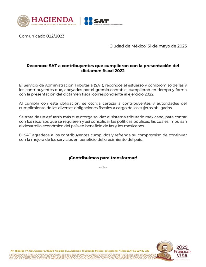 SATMX's tweet photo. #ComunicadoSAT 
El SAT reconoce a los contribuyentes y a los asesores contables que apoyaron para el cumplimiento en tiempo y forma de la presentación del dictamen fiscal del ejercicio 2022. https://t.co/vggMFnAqTA