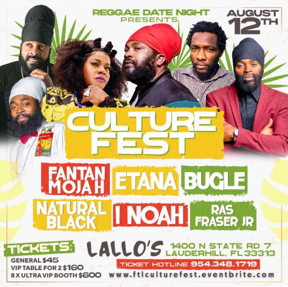 Freemind Music &amp; Reggae Date Night… presents Fort Lauderdale Culture Fest! with a star studded line up of <a href="/iamfantanmojah/">Fantan Mojah</a> <a href="/etanastrongone/">ETANA</a> <a href="/buglean9ted/">BUGLE AN9TED</a> @naturalblackmusic @inoahreggae <a href="/rasfraserjr/">RASFRASERJR AKA BADBREEDBOBO</a> early bird tickets are available on ftlculturefest.Eventbrite.com