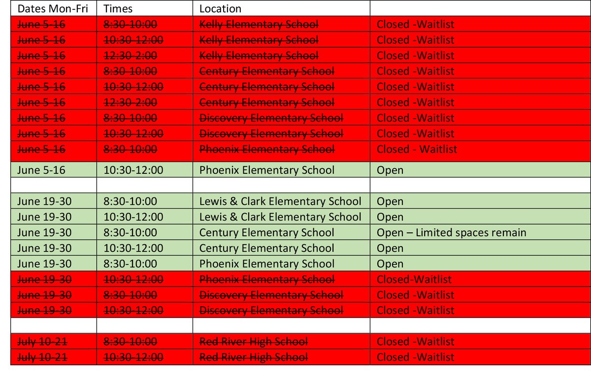 UPDATED 5/31.
Classes in green are still accepting registrations.