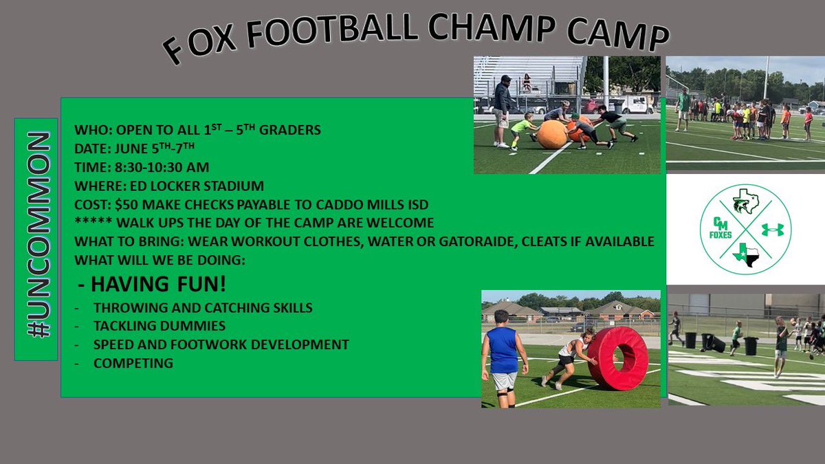 KodiCrane's tweet photo. Fox Football Champ Camp begins Monday.  Walk ups accepted. Come join the fun #BEUNCOMMON @Lee_Shines @GriffisElem @CaddoMillsISD @FoxUnleash @luke__allison https://t.co/vA06kdboYF