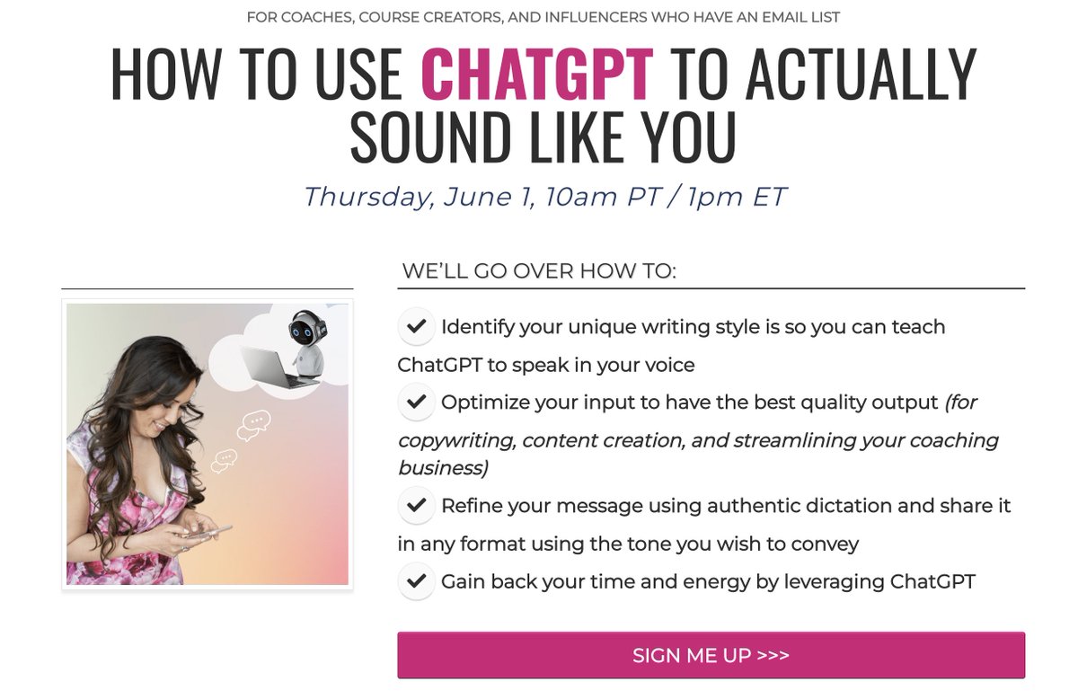 natdoremieux's tweet photo. My friend Amy is teaching you how to use Chat GPT to create promo materials for your offers at her upcoming workshop. RSVP here! 
https://t.co/3ijVNV5cDr https://t.co/LNIsIrrflv
