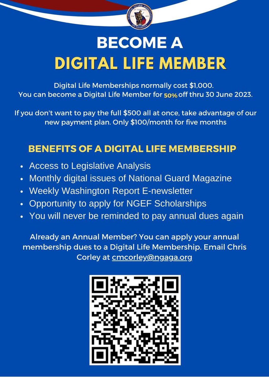 NGAGeorgia's tweet photo. You can become a Digital Life Member for 50% off thru 30 June 2023.
If you don't want to pay the full $500 all at once, take advantage of our new payment plan. Only $100/month for five months. 

See flyer for more details! ⬇️ https://t.co/vidAF6ozTj