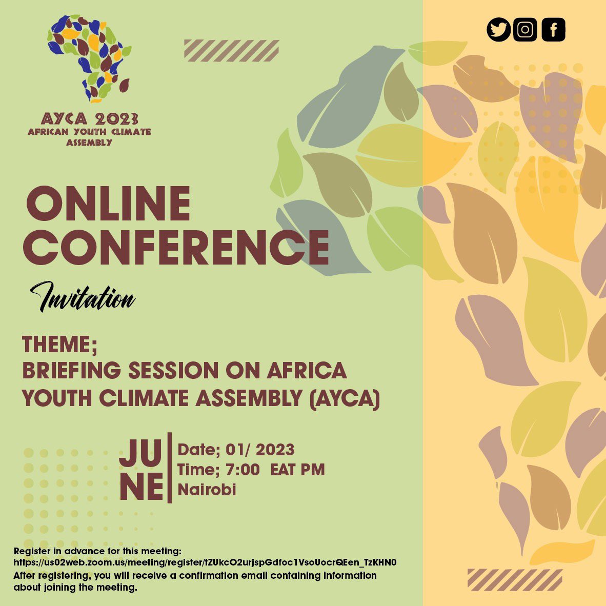 📢You are invited to a Zoom 💻meeting. 
Topic: Briefing Session on Africa Youth Climate Assembly (AYCA)

⏰When: Jun 1, 2023 07:00 PM Nairobi 

Register in advance for this meeting:
us02web.zoom.us/meeting/regist…
