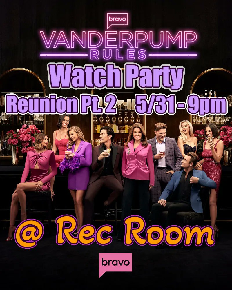 RecRoomPVille's tweet photo. They're back!!! Watch Part 2 of the Vanderpump reuion with us TONIGHT! Bring the crew with you for a laughs, drinks, and gasps as the truth comes out!!! Stop in early to grab a bite before the show 🍻 

Open today 4-10

Vanderpump Rules Reunion - 9pm https://t.co/4iSp3gfabw