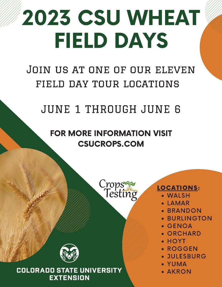Just a reminder that Colorado Wheat Field Days are start tomorrow! Click here to view the detailed schedule: buff.ly/3AbP0ab