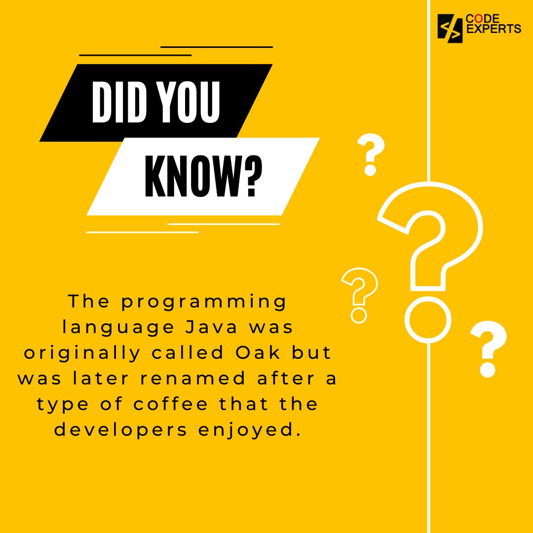 CodeExpertsUs's tweet image. Did you know that the #programming language Java was initially called Oak? 🌳 But hey, no coffee preferences involved! The #developers just wanted a catchy name, and Java stuck. ☕️ Now you know the backstory behind this widely-used language! #JavaHistory #TriviaTuesday