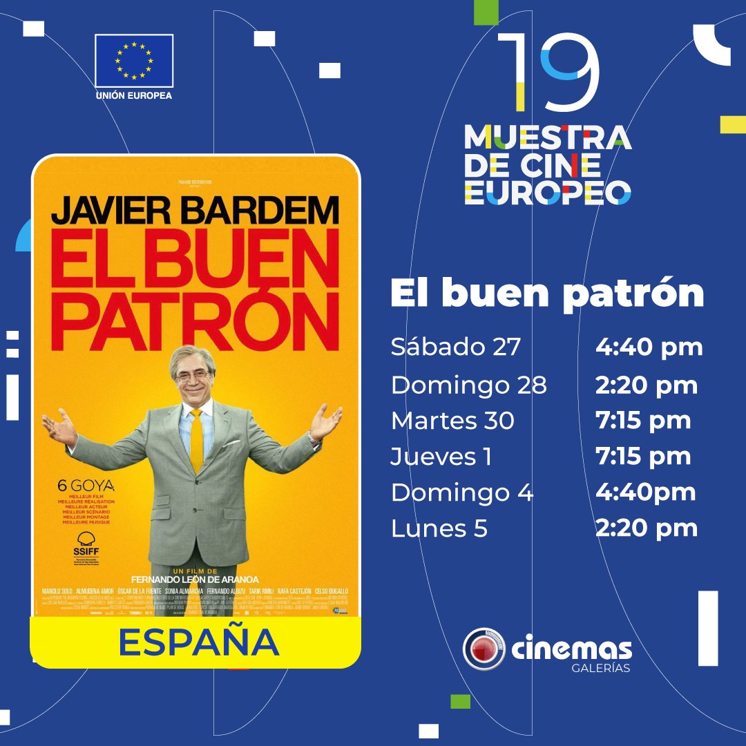 🎬¿Aún no has visto 'El Buen Patrón'? ✨Todavía estás a tiempo de disfrutar de esta comedia protagonizada por Javier Bardem. 🎟️Estas son las tandas para ver 'El Buen Patrón', la película de España en la 19 Muestra de Cine Europeo en Nicaragua, en @CinemasNic. @UEenNicaragua