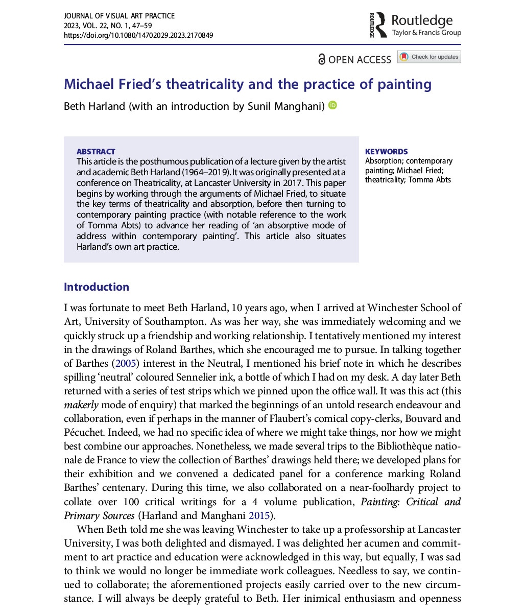JournalVAP's tweet photo. OPEN ACCESS: ‘Michael Fried’s theatricality and the practice of painting’, posthumous publication by artist & academic Beth Harland. A new reading of Fried’s key terms of theatricality & absorption, situated regards contemporary painting practice. #JVAP https://t.co/JWCOu6tkmM https://t.co/T6SQIdmPBi