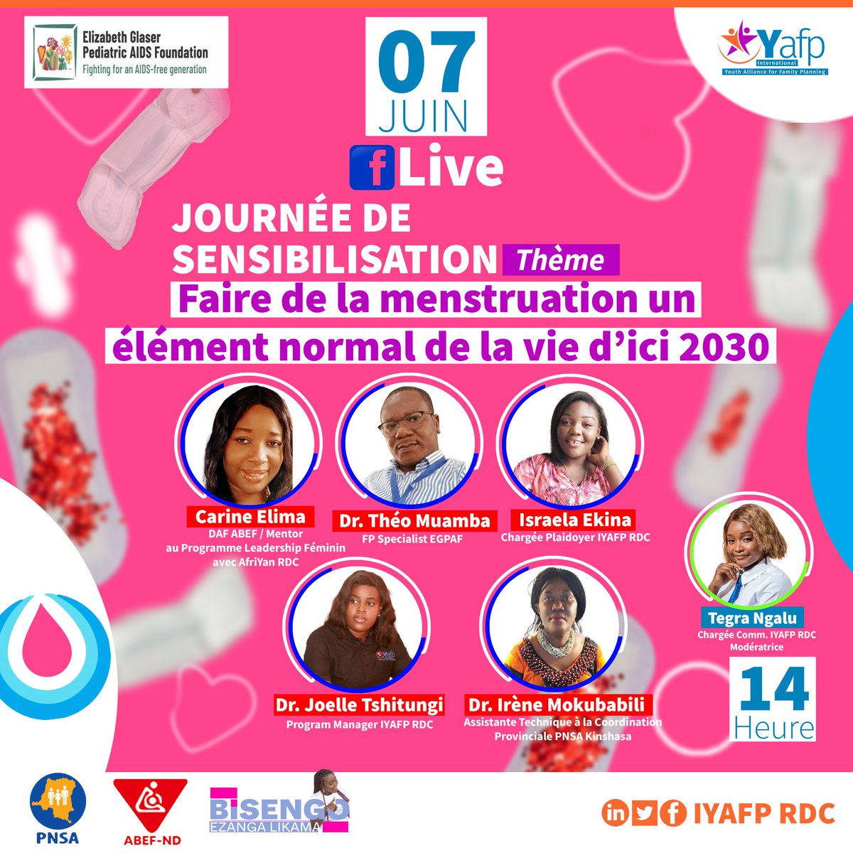 RDC_IYAFP's tweet photo. #HygieneMenstruelle, #FacebookLive:
La gestion de l’hygiène menstruelle est une question de droits humains qui a une influence sur le concept de soi, la santé mentale, physique et le bien-être économique des personnes.
@IYAFP1,@EGPAF,@abefnd_rdc &amp; @PNSA, vous invitent Massivement https://t.co/Eu2MbPl1IL